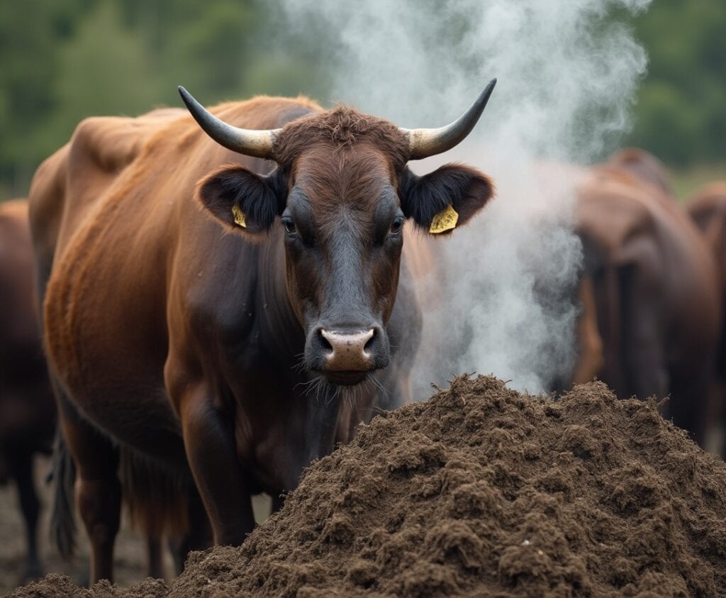 a cow standing in a field with a pile of manure